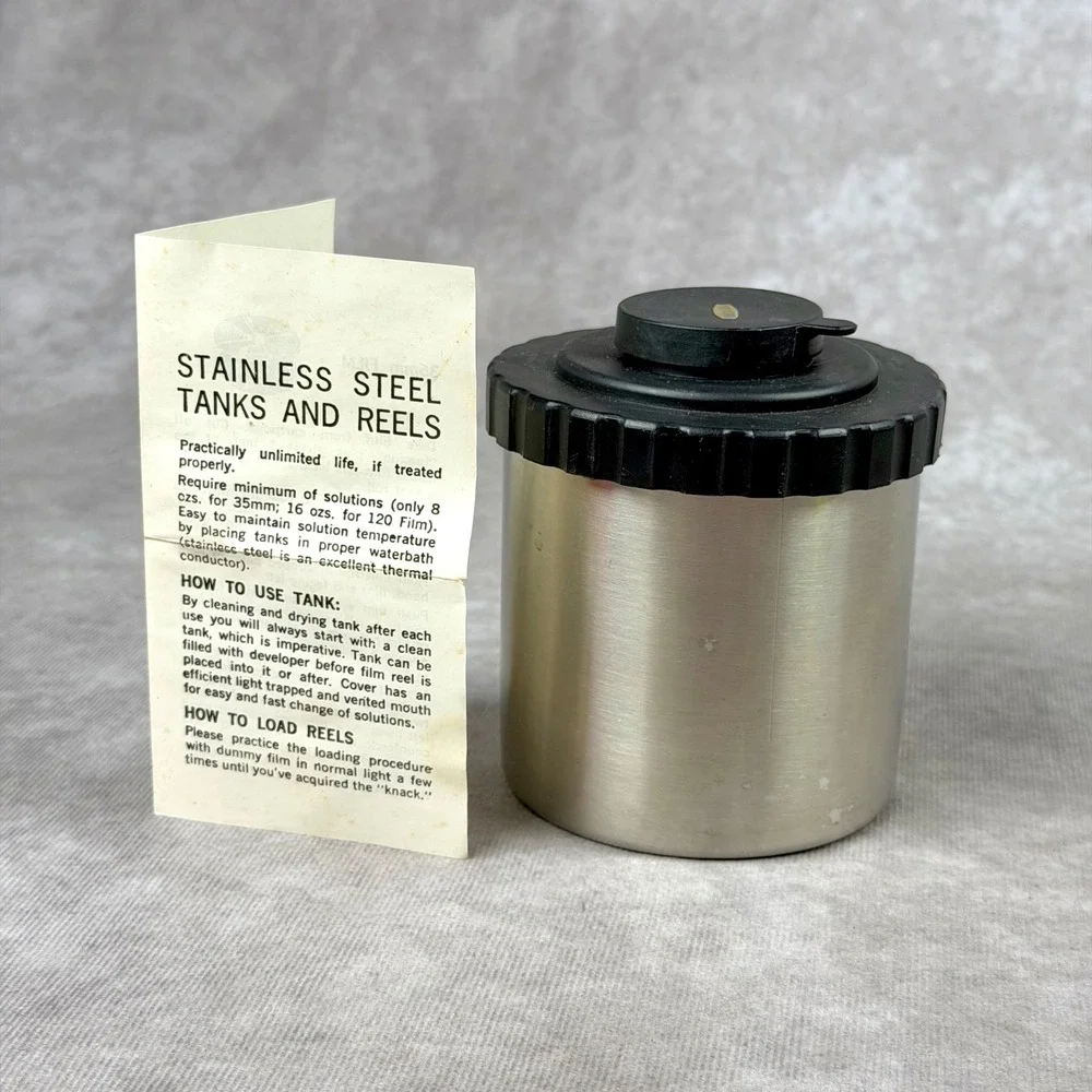 Vintage Stainless Steel Film Developing Tank with Two 35mm Reels and Manual
